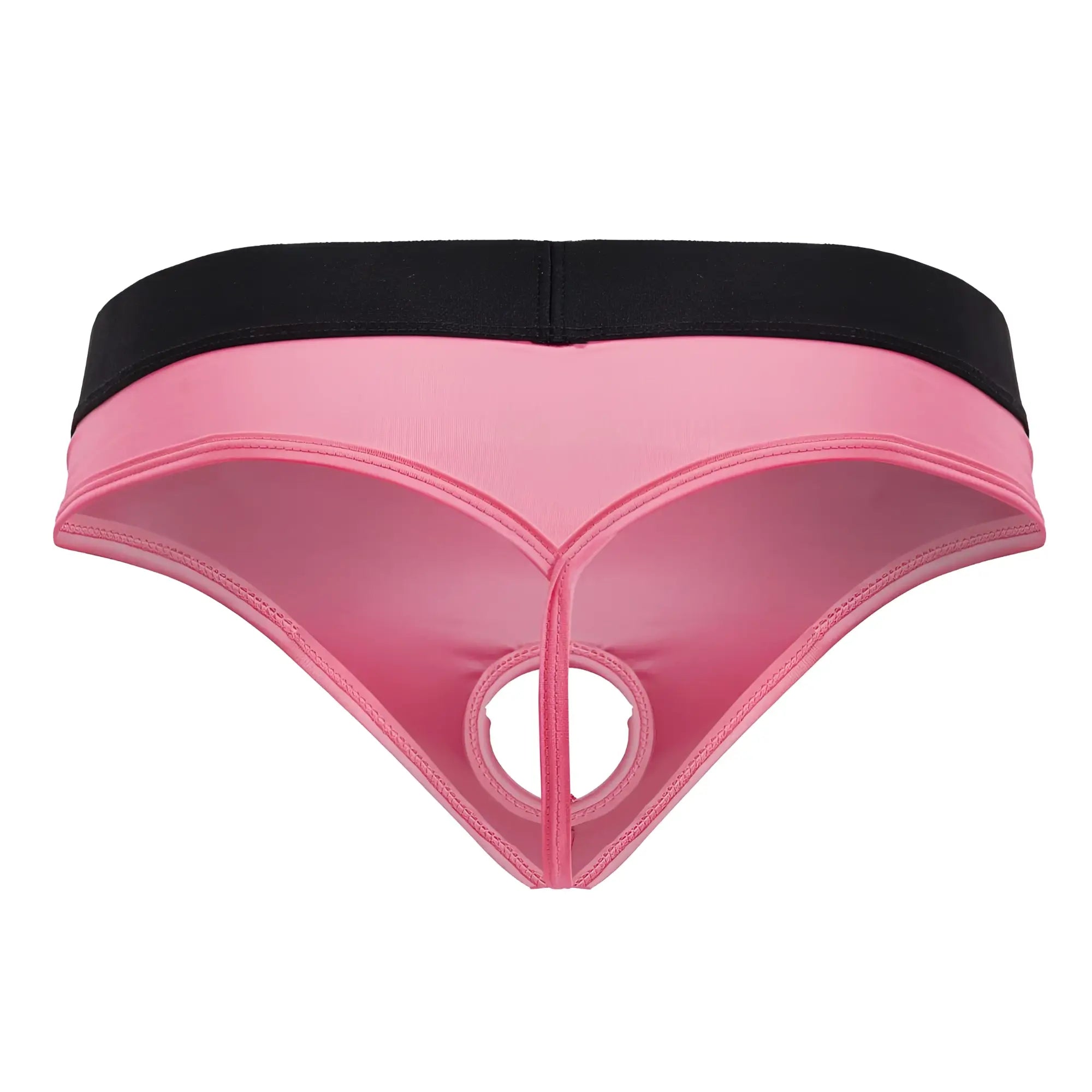 Pink and black CandyMan 99781 Protuder thong with central circular cutout in front for bold stylish wear