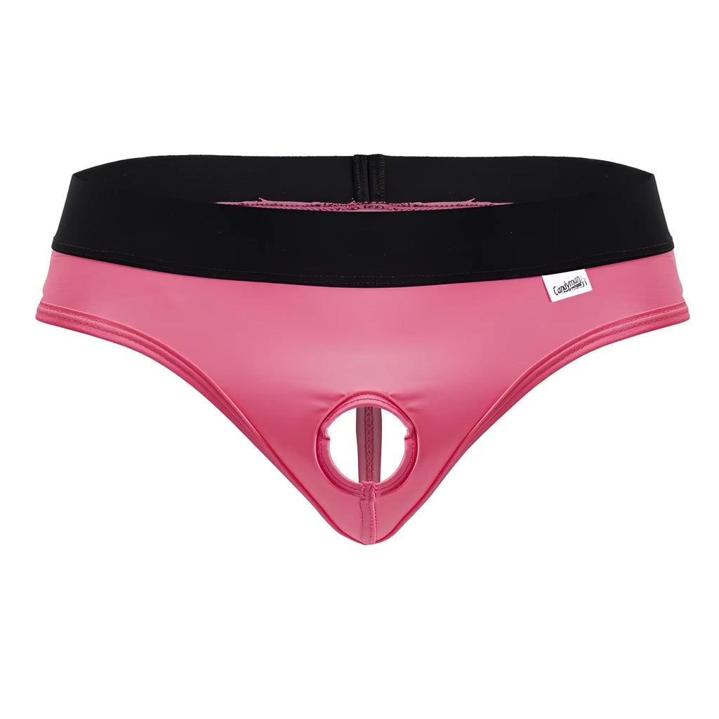 CandyMan 99781 Protuder pink latex thong with black elastic waistband and central circular cutout front view