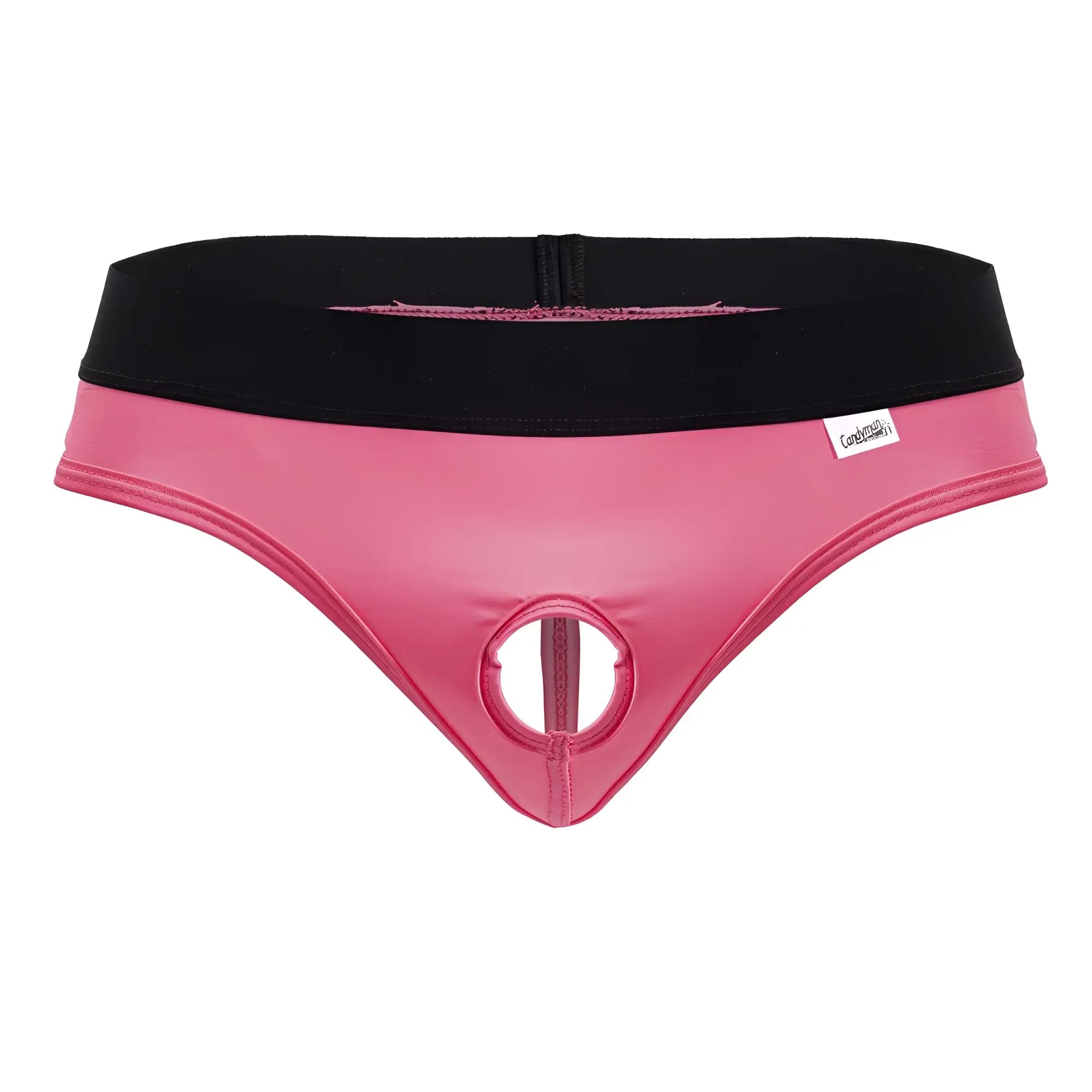 CandyMan 99781 Protuder pink latex thong with black elastic waistband and central circular cutout front view