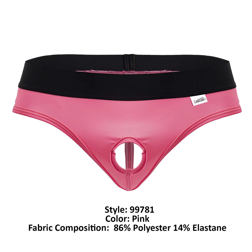 Pink shiny polyester and elastane CandyMan 99781 Protuder thongs with black waistband and central circular cutout