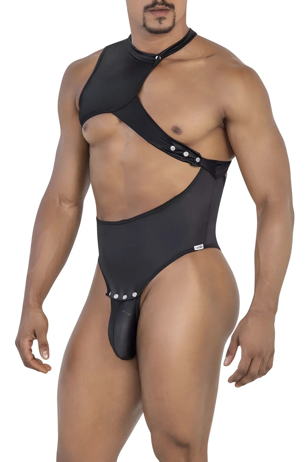 Black CandyMan 99783 one shoulder bodysuit in form-fitting fabric with asymmetrical cut and silver button accents