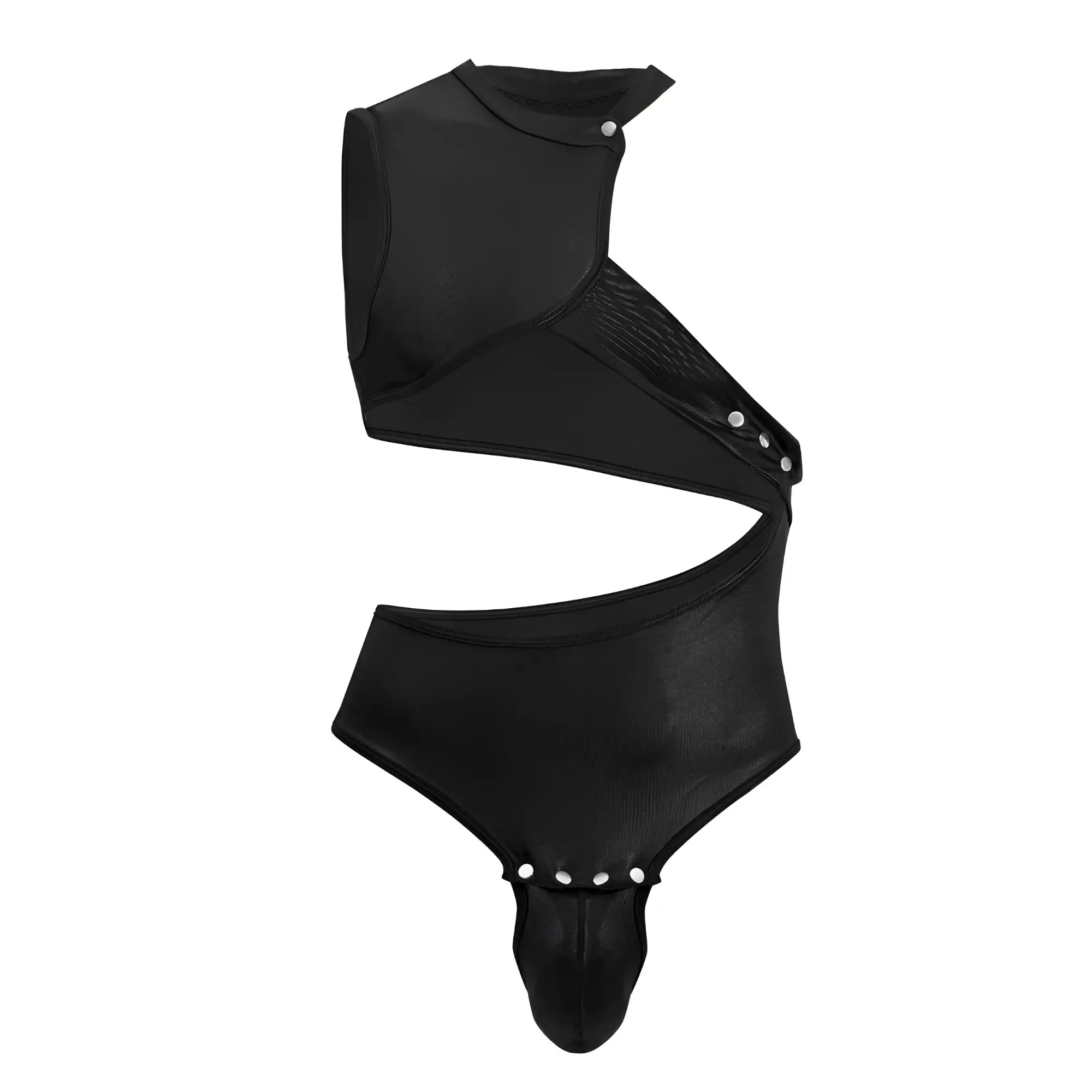 Black faux leather one shoulder bodysuit candyman 99783 with asymmetrical design snap closures and cut-out detail