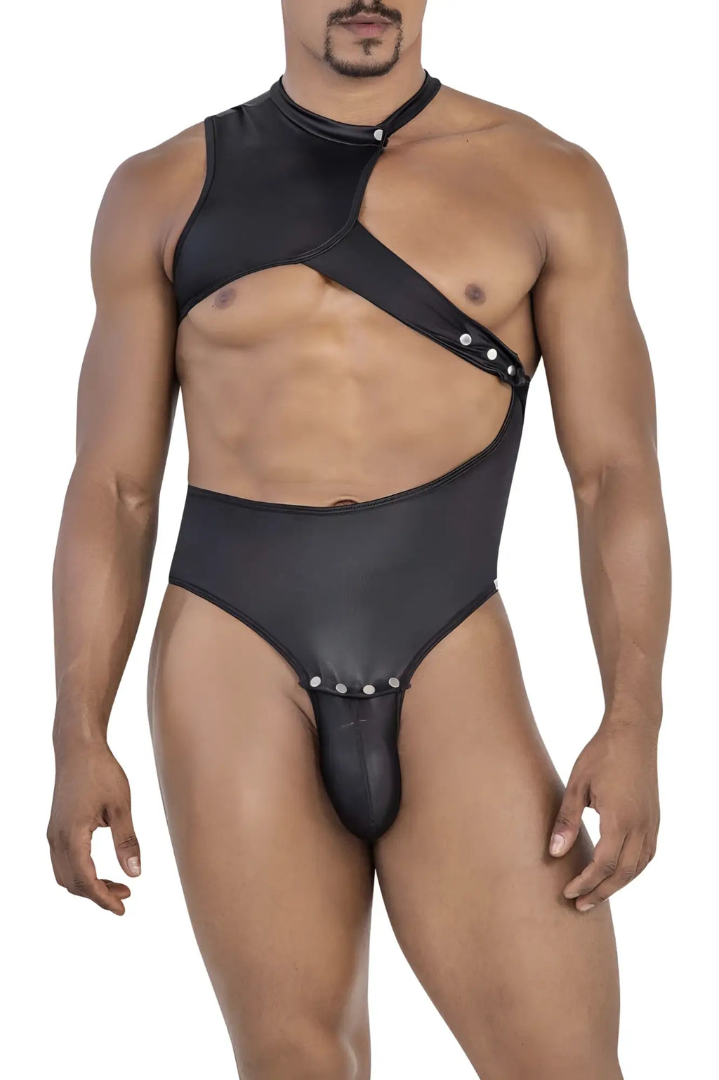 Black glossy faux leather candyMan 99783 one shoulder bodysuit with high neckline and silver-toned studded cutouts