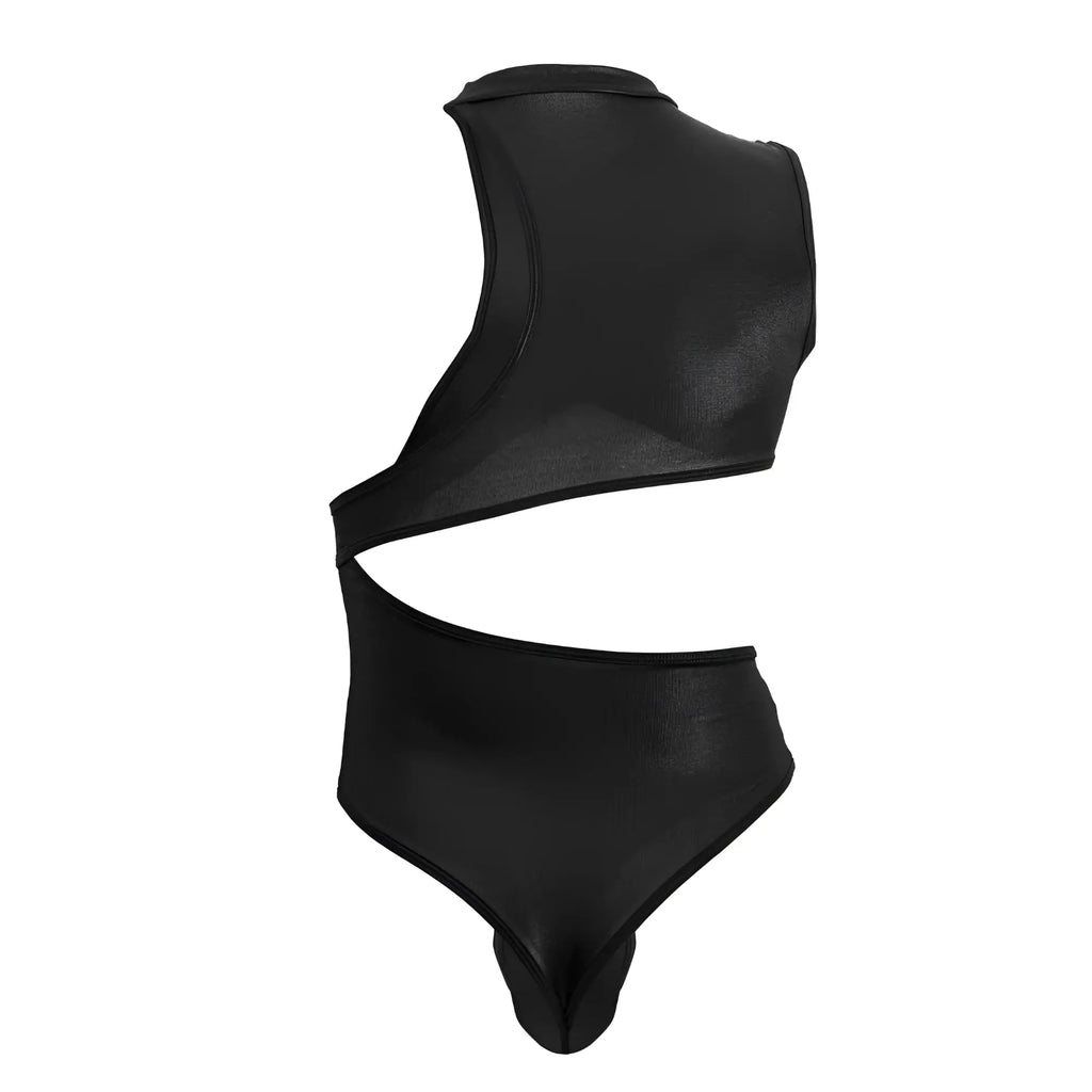 Black glossy latex one-piece CandyMan 99783 swimsuit with high-cut leg and asymmetrical cutout design