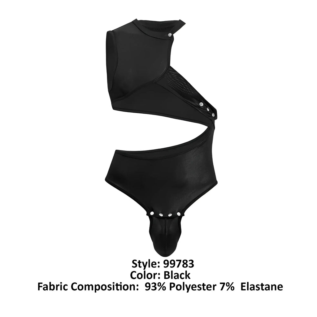 Black CandyMan 99783 one shoulder bodysuit with structured asymmetrical design button details and high cut leg