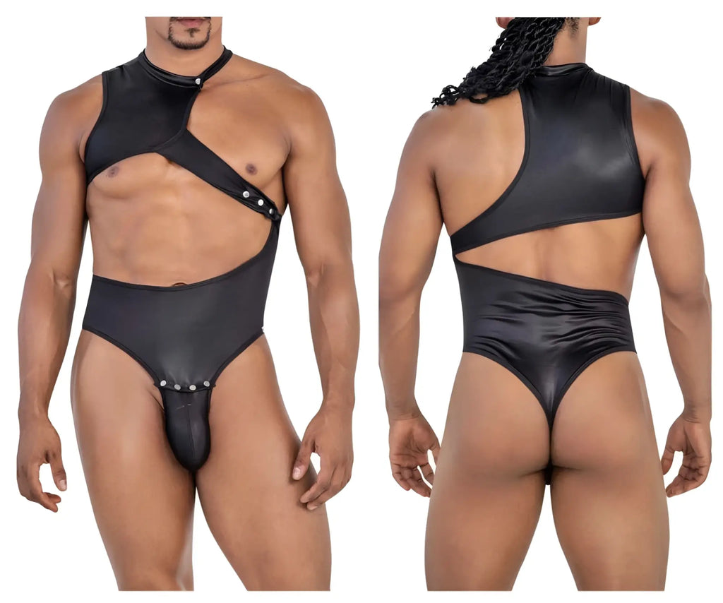 Black shiny latex CandyMan 99783 one shoulder bodysuit with cut-out design and silver studs for bold style