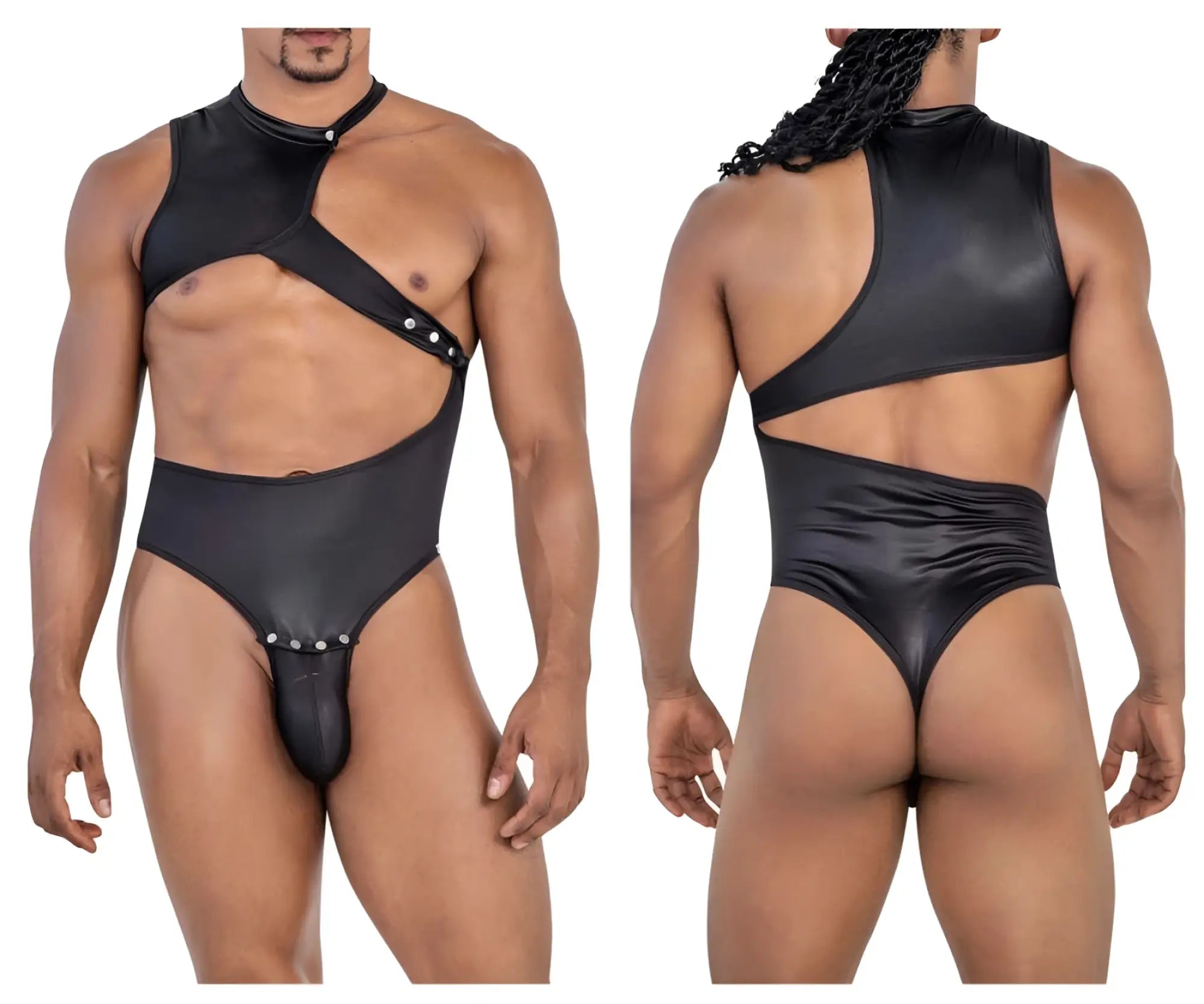 Black shiny latex CandyMan 99783 one shoulder bodysuit with cut-out design and silver studs for bold style