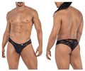 Black lace mens briefs with back tie design from candyman 99784 lace thongs in black shown from the back side