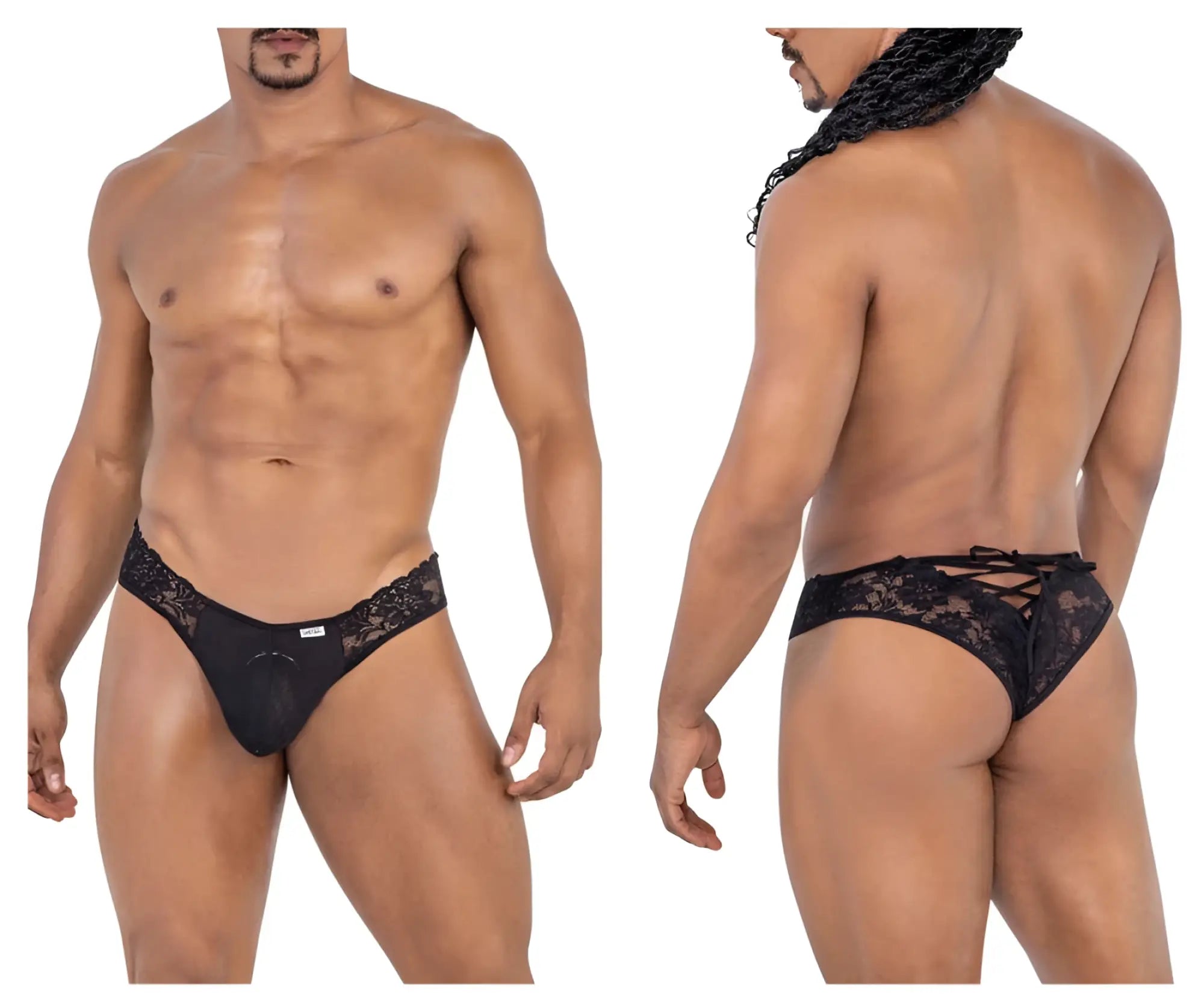 Black lace mens briefs with back tie design from candyman 99784 lace thongs in black shown from the back side