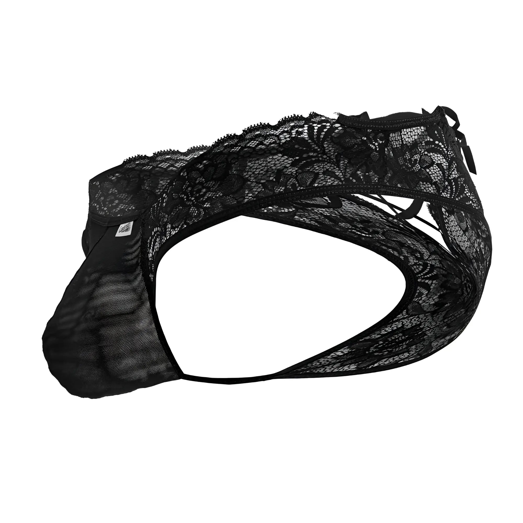 Black lace CandyMan 99784 men’s thong with mesh panel and side ties in black shown from the back side