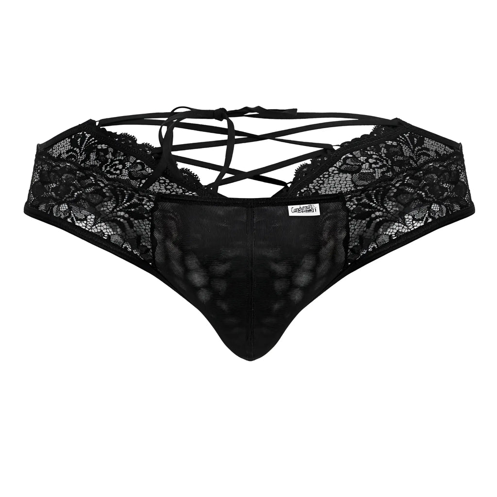 Black lace thong candyman 99784 with crisscross back ties and mesh front panel in black