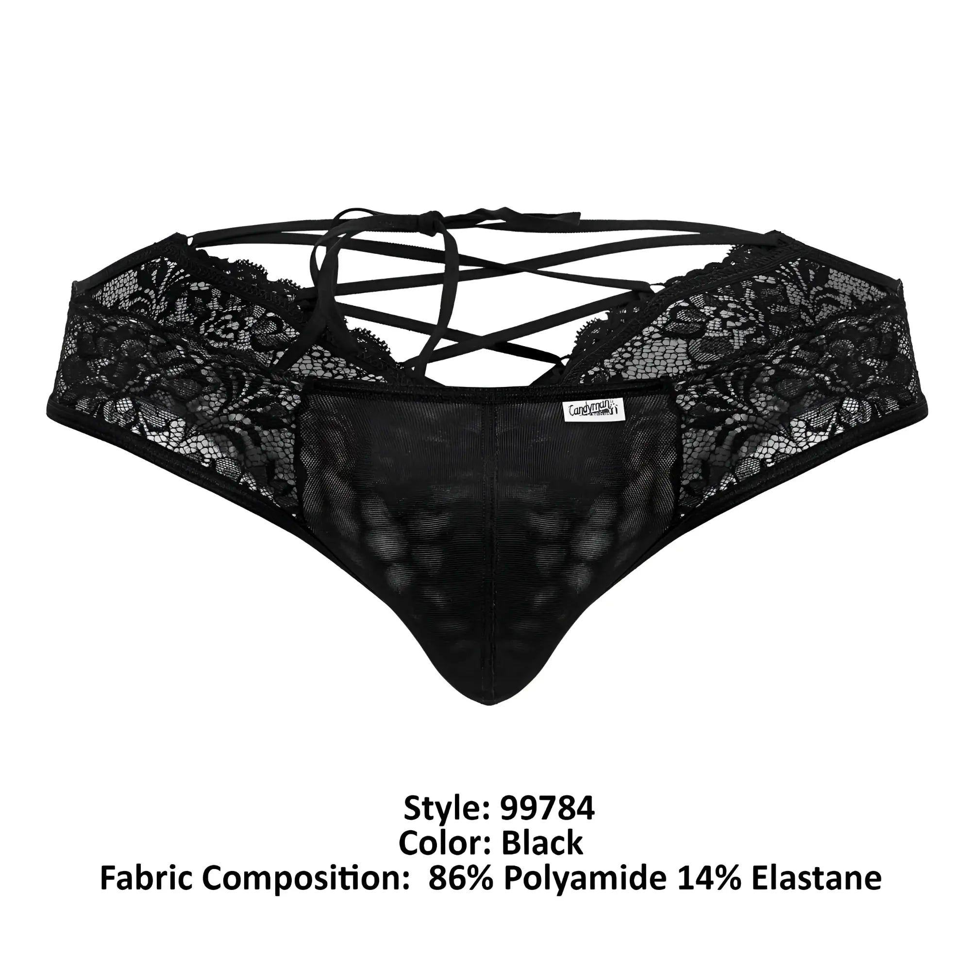 Black lace thong candyMan 99784 with crisscross back ties and mesh panel shown from the back side