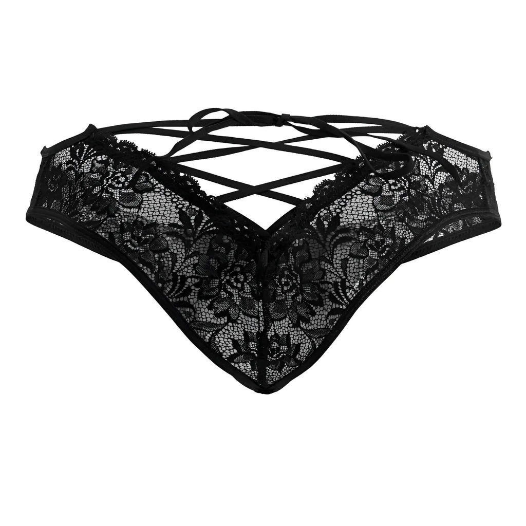 Black lace thong candyMan 99784 with intricate floral patterns and crisscrossing straps shown from the back
