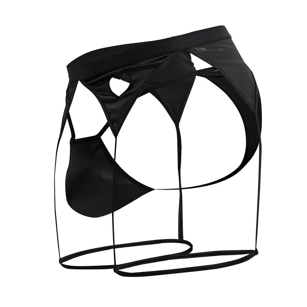 Black faux leather mens briefs with cut out design and thin straps from candyman 99785 garter outfit back view