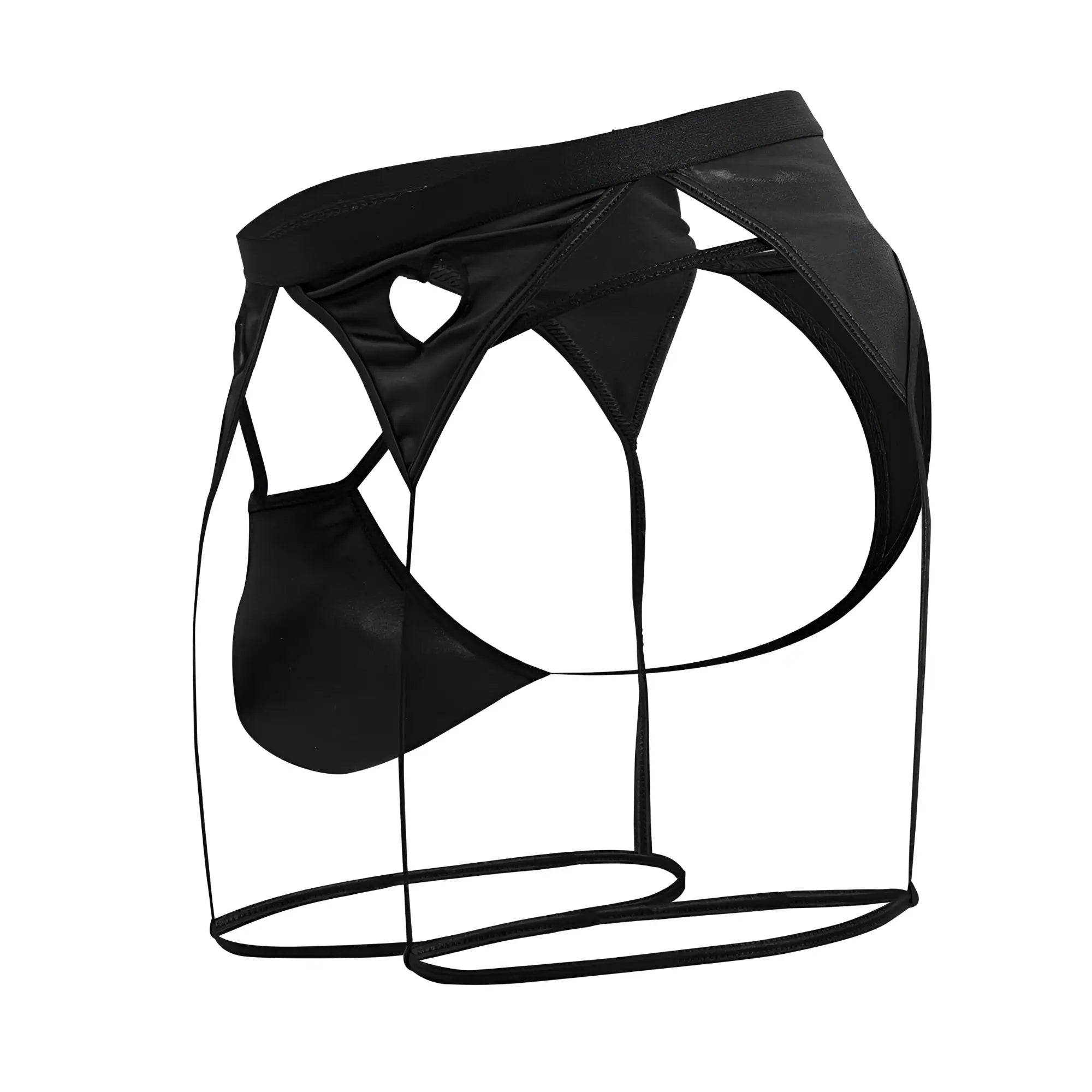 Black faux leather mens briefs with cut out design and thin straps from candyman 99785 garter outfit back view