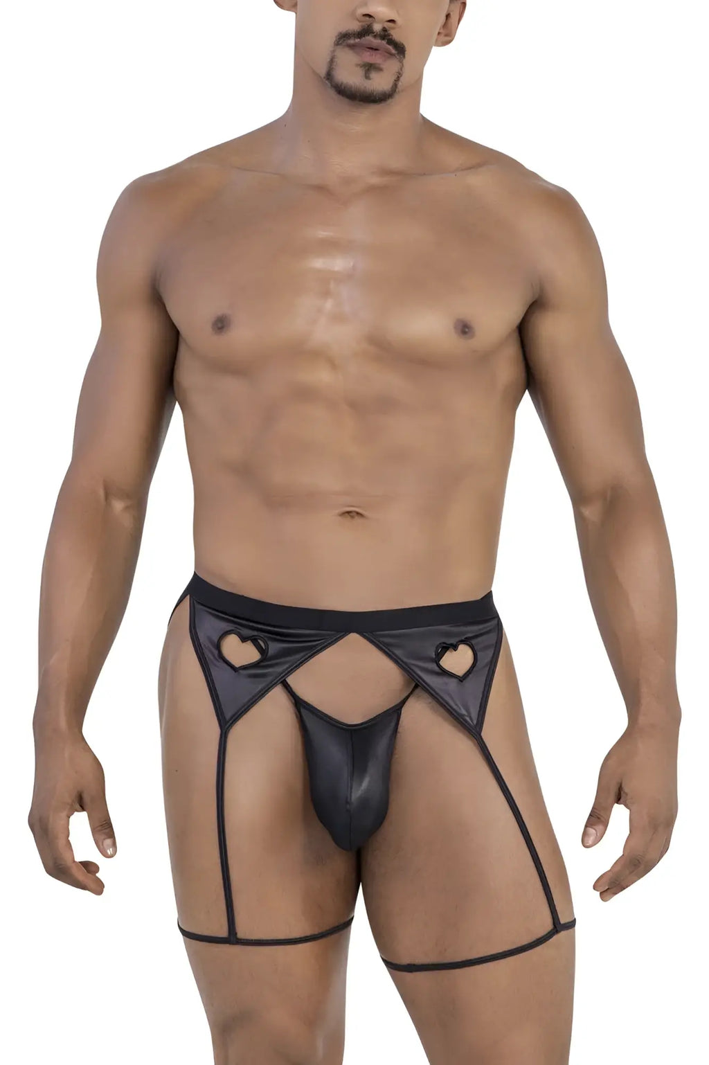 Black heart-cutout thong with sheer mesh straps and glossy latex finish from Candyman 99785 garter outfit in black