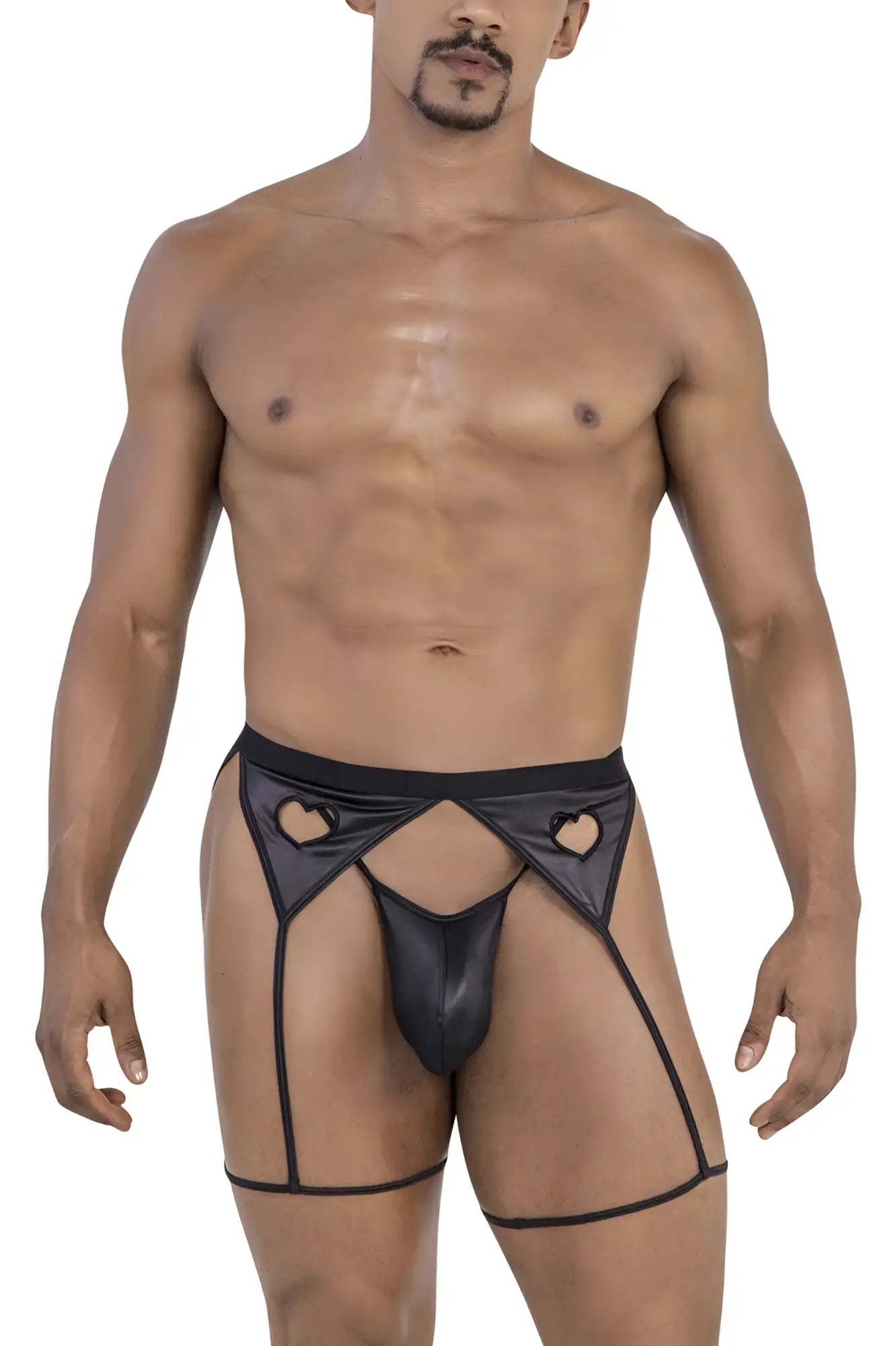 Black heart-cutout thong with sheer mesh straps and glossy latex finish from Candyman 99785 garter outfit in black