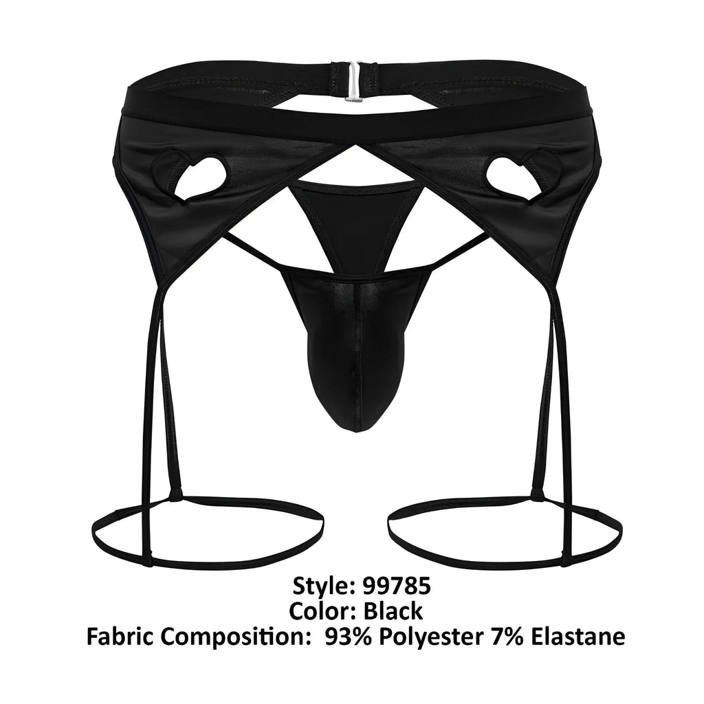 Black mens thong garter outfit by candyman with high waisted cut out design and adjustable leg straps in black