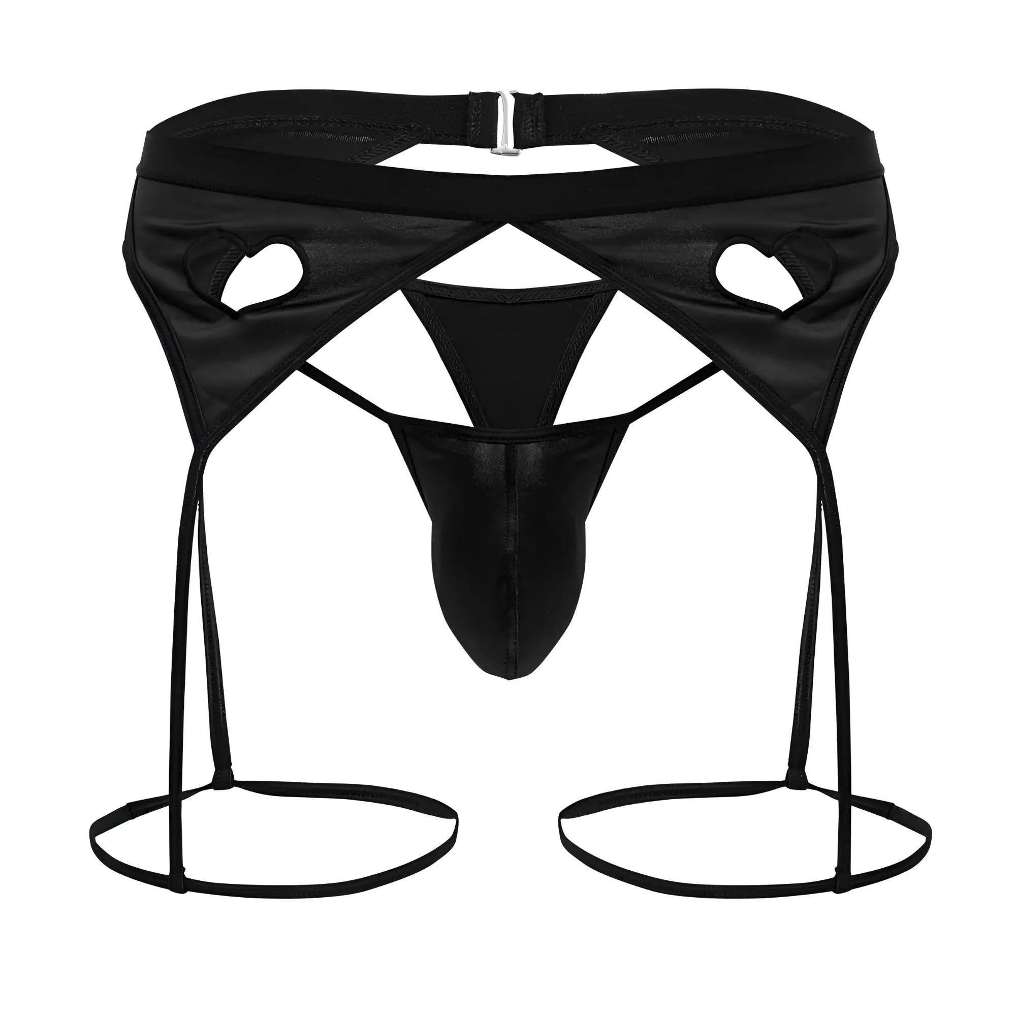 Black satin candyMan 99785 men’s garter belt with heart cutouts and adjustable straps