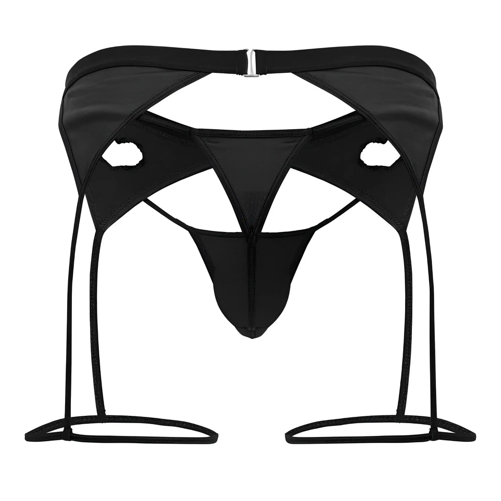 Black satin thong with garter straps and silver buckle from CandyMan 99785 garter outfit in black color