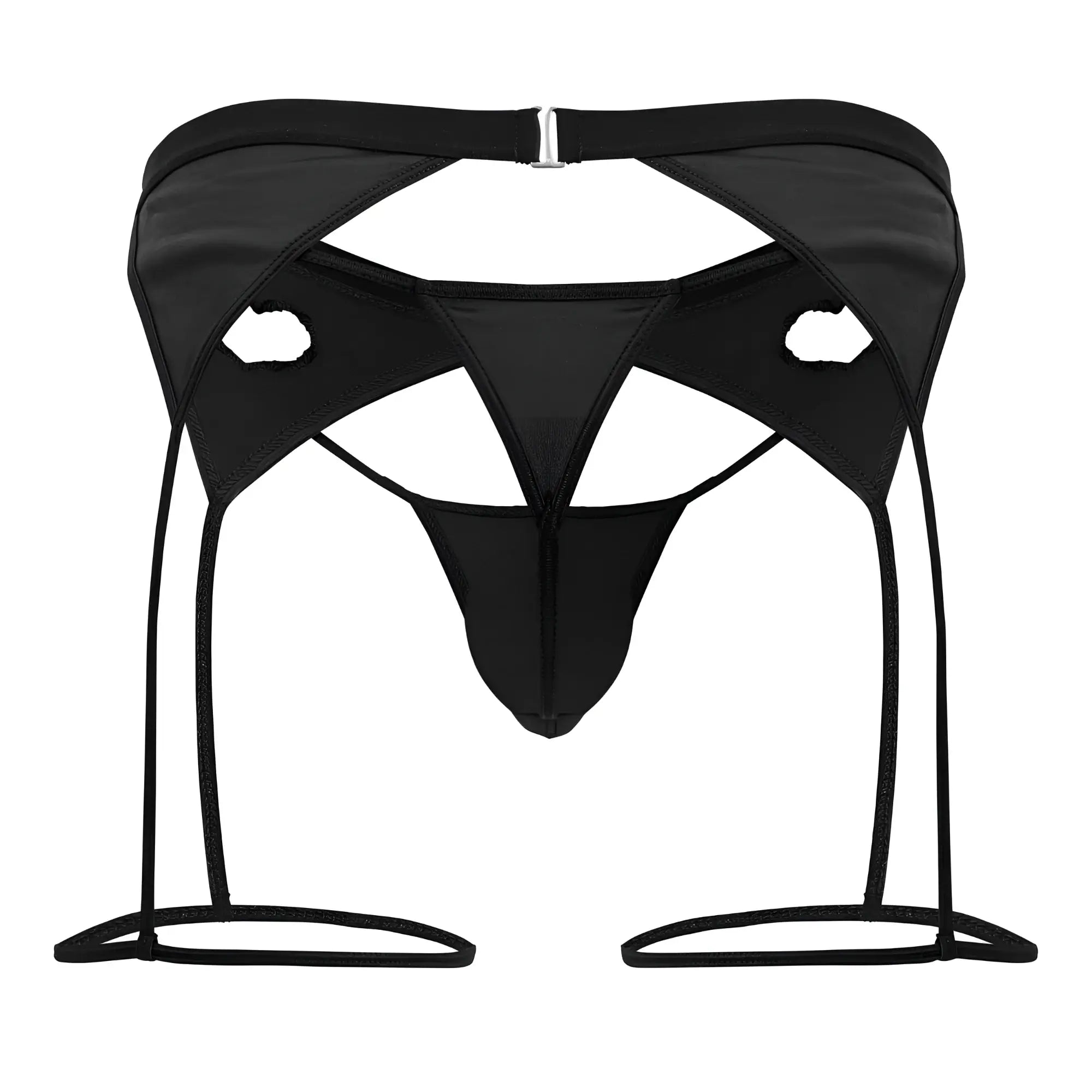 Black satin thong with garter straps and silver buckle from CandyMan 99785 garter outfit in black color