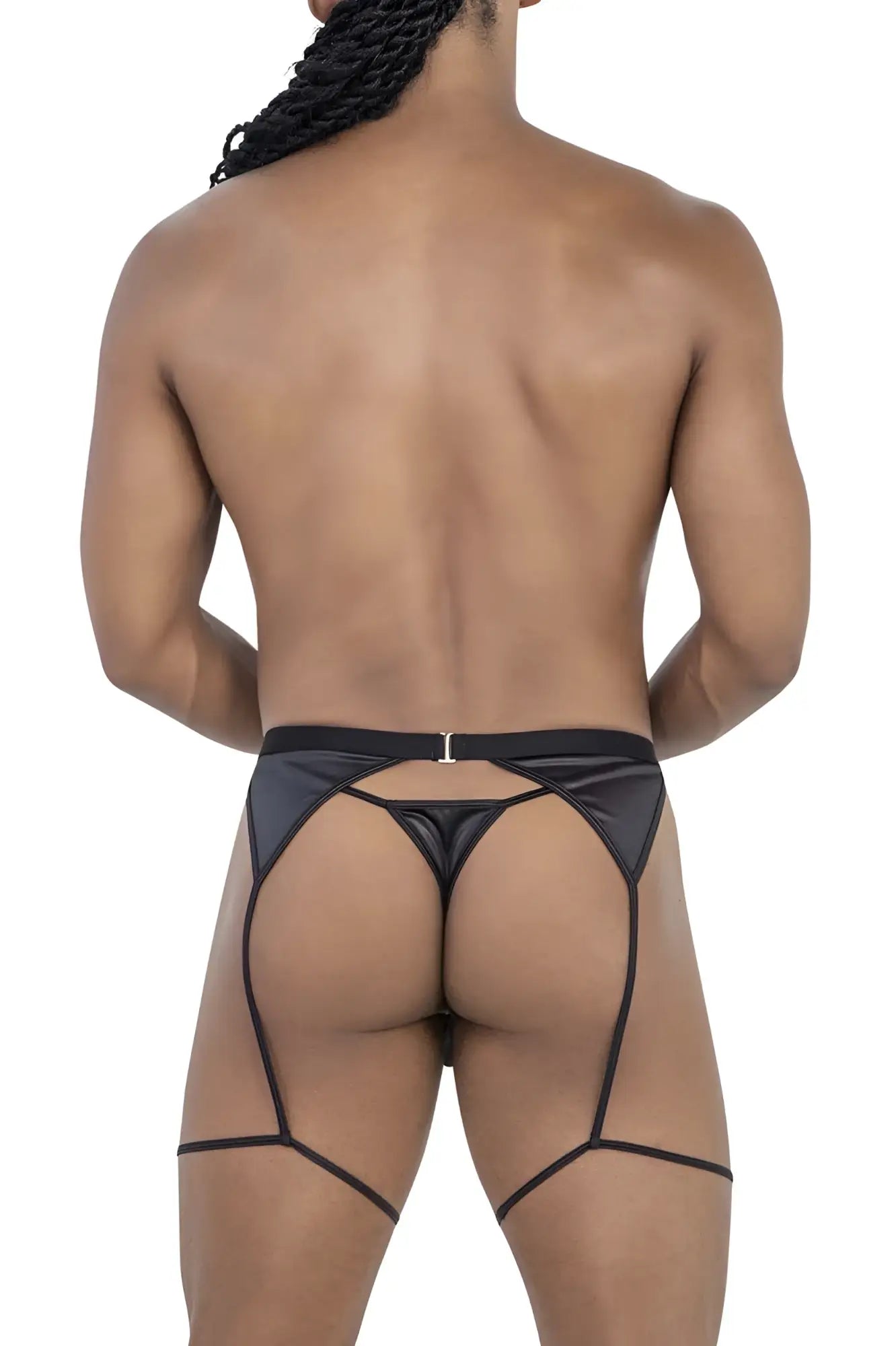 Black sheer mesh thong with metallic clasp and geometric strap design from candyman 99785 garter outfit