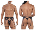 Black shiny faux leather thong with heart-shaped cutouts and matching leg straps from Candyman 99785 garter outfit