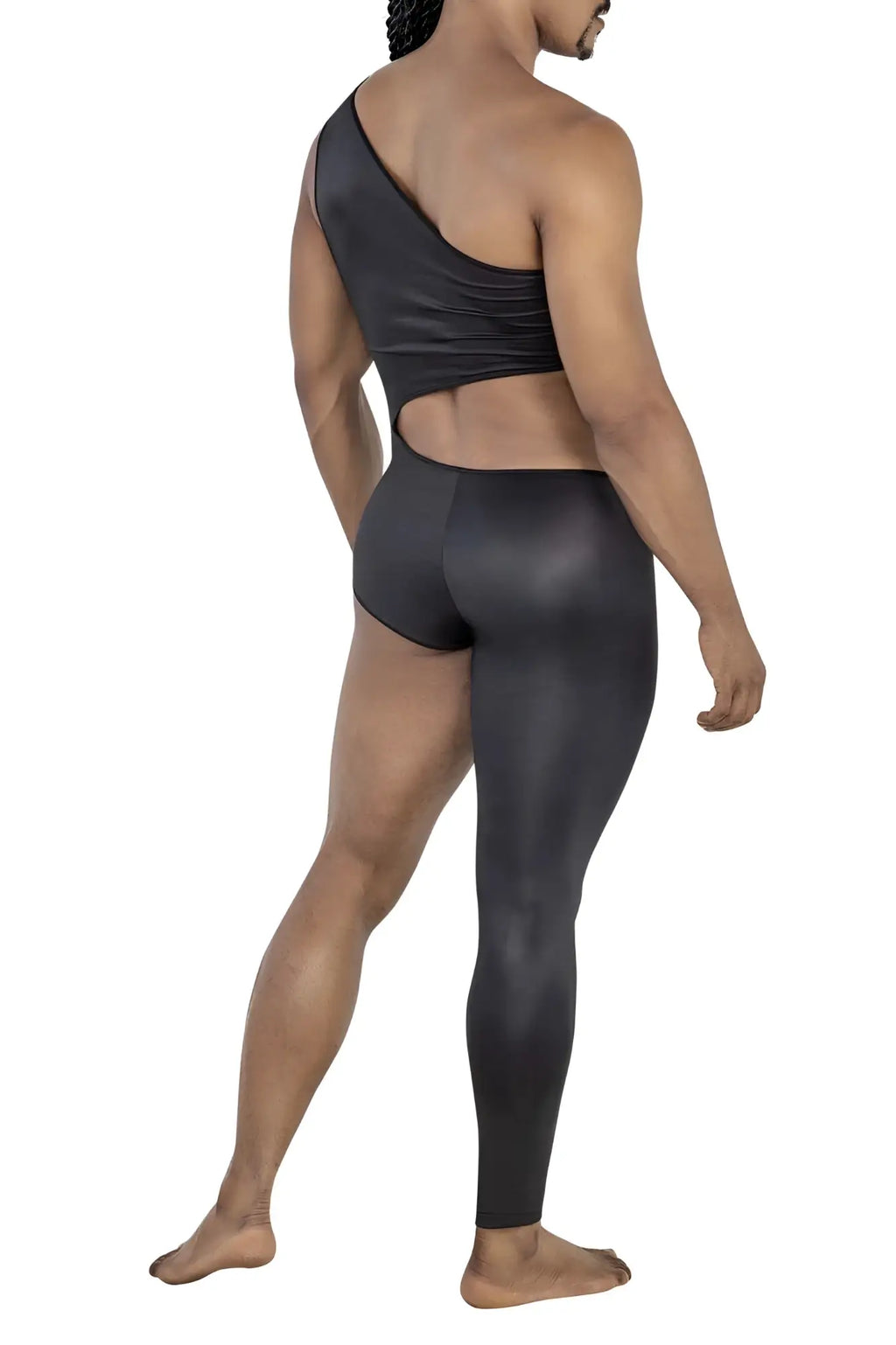 Black candyMan 99786 one shoulder bodysuit with cutout back and matching high waisted shiny stretchy leggings visible from back