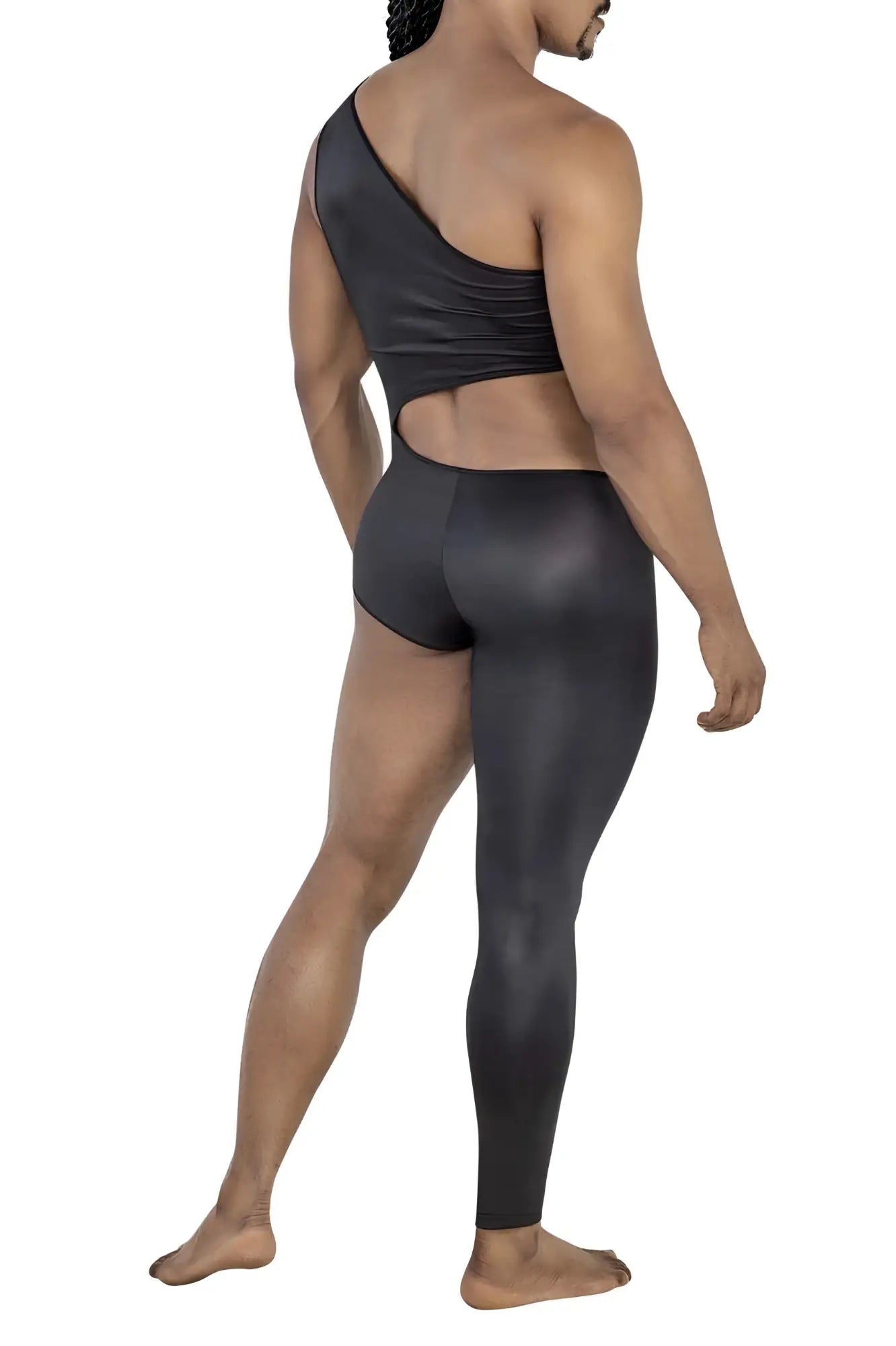 Black candyMan 99786 one shoulder bodysuit with cutout back and matching high waisted shiny stretchy leggings visible from back