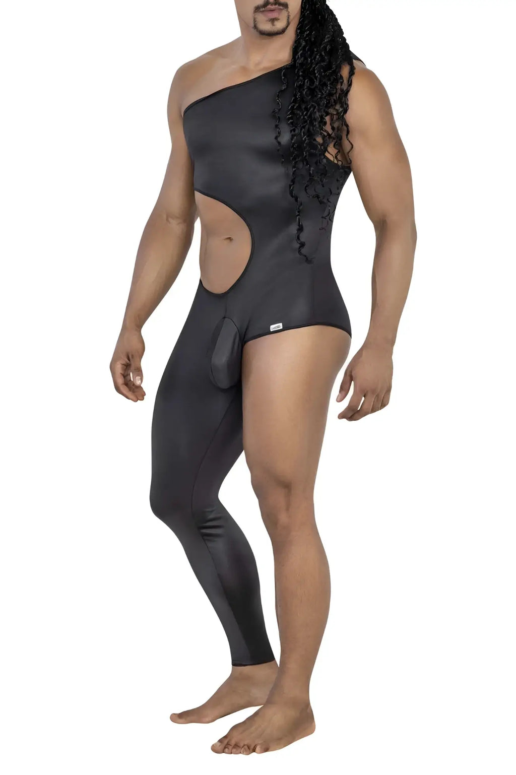 Black one-shoulder bodysuit with side cutout and pouch detail from candyman 99786 for stylish wear