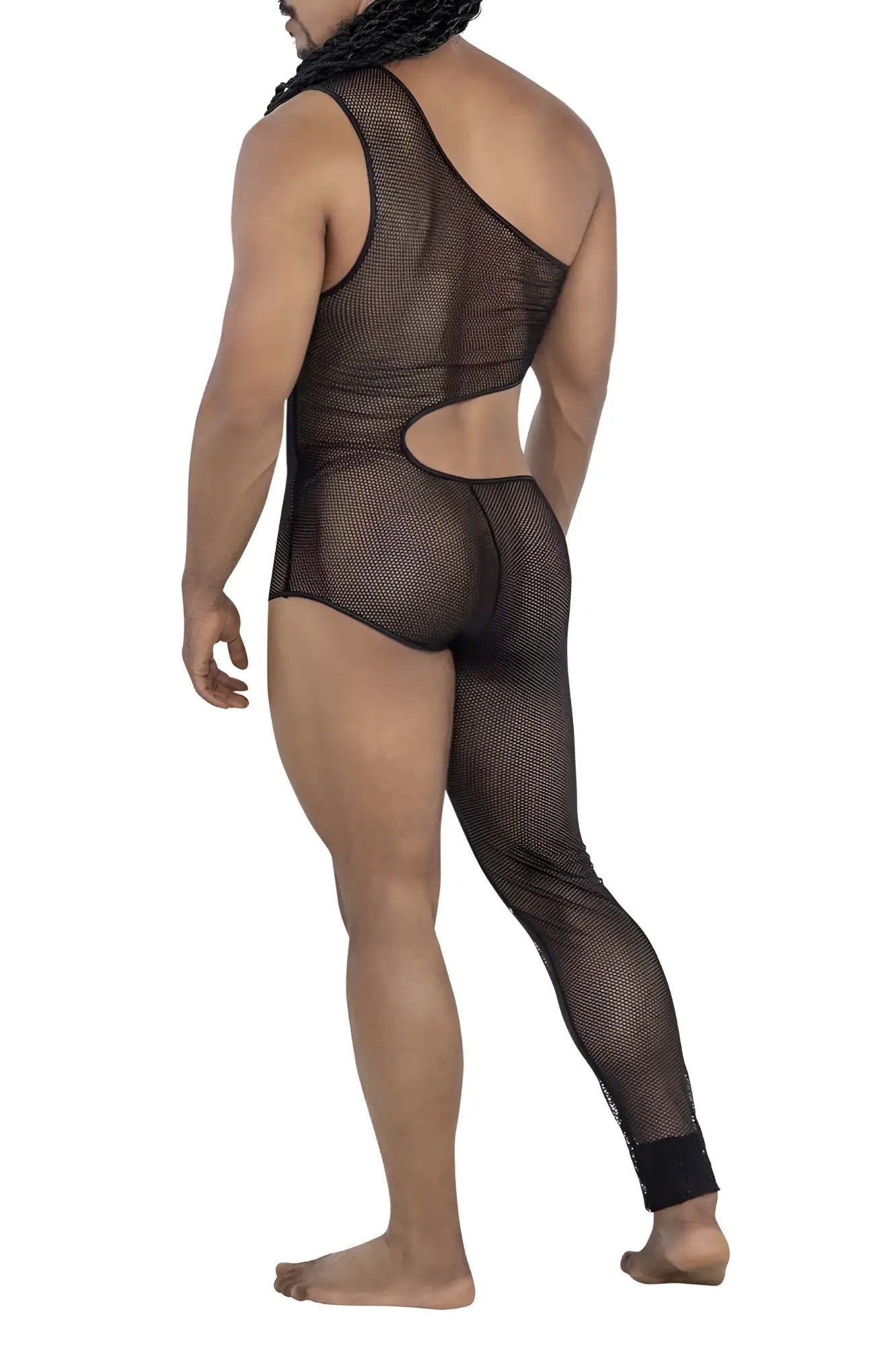 Black mesh candyMan 99787 one shoulder one leg bodysuit with back cutout and solid black cuffs visible from back side