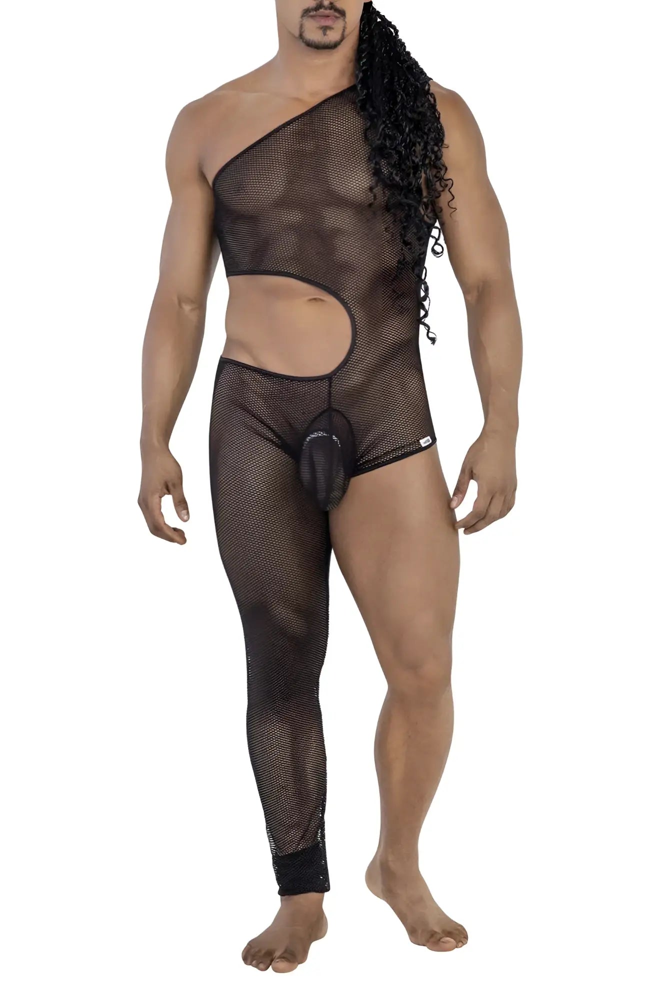 Black candyMan 99787 one shoulder one leg bodysuit in mesh with cutout design and sequined cuffs