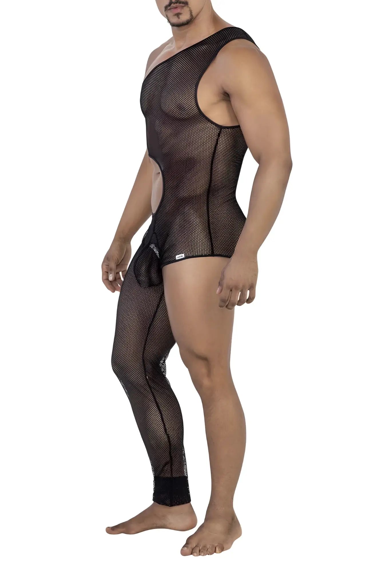 Black candyMan 99787 one shoulder one leg mesh bodysuit with side cutouts and single shoulder strap