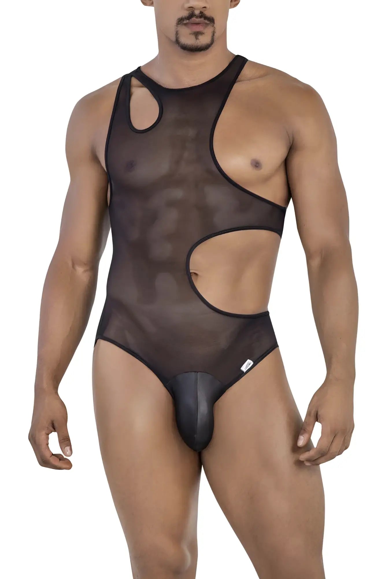 Black CandyMan 99788 bodysuit with sheer mesh fabric bold cutout design and solid black briefs visible from front