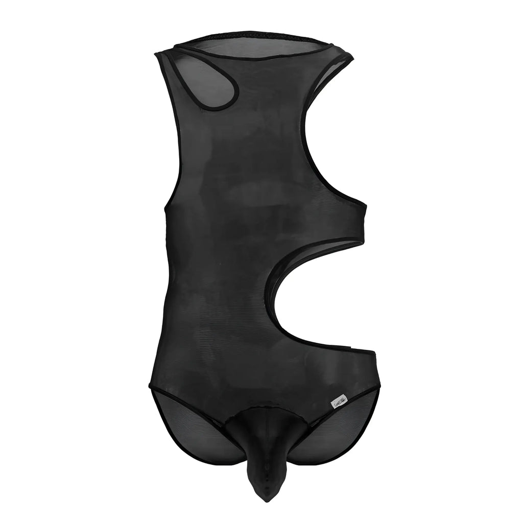 Black sheer mesh bodysuit with cut-out design candyMan 99788 mesh bodysuit in black color