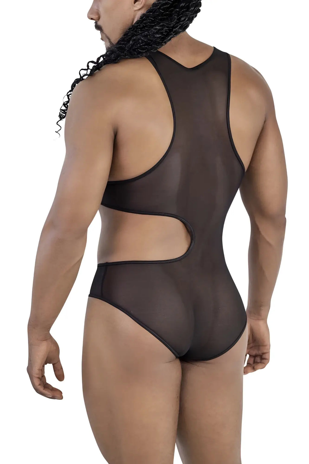 Black sheer mesh one-piece bodysuit with cutout details candyMan 99788 mesh bodysuit color black