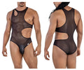 CandyMan 99788 mesh bodysuit in black with sheer mesh and cutout details and solid brief-style bottom