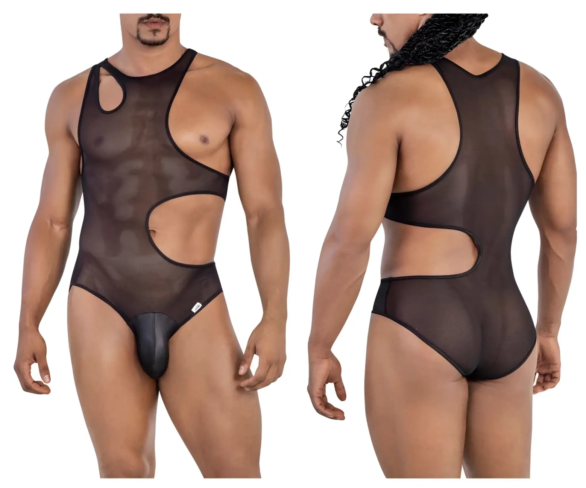 CandyMan 99788 mesh bodysuit in black with sheer mesh and cutout details and solid brief-style bottom