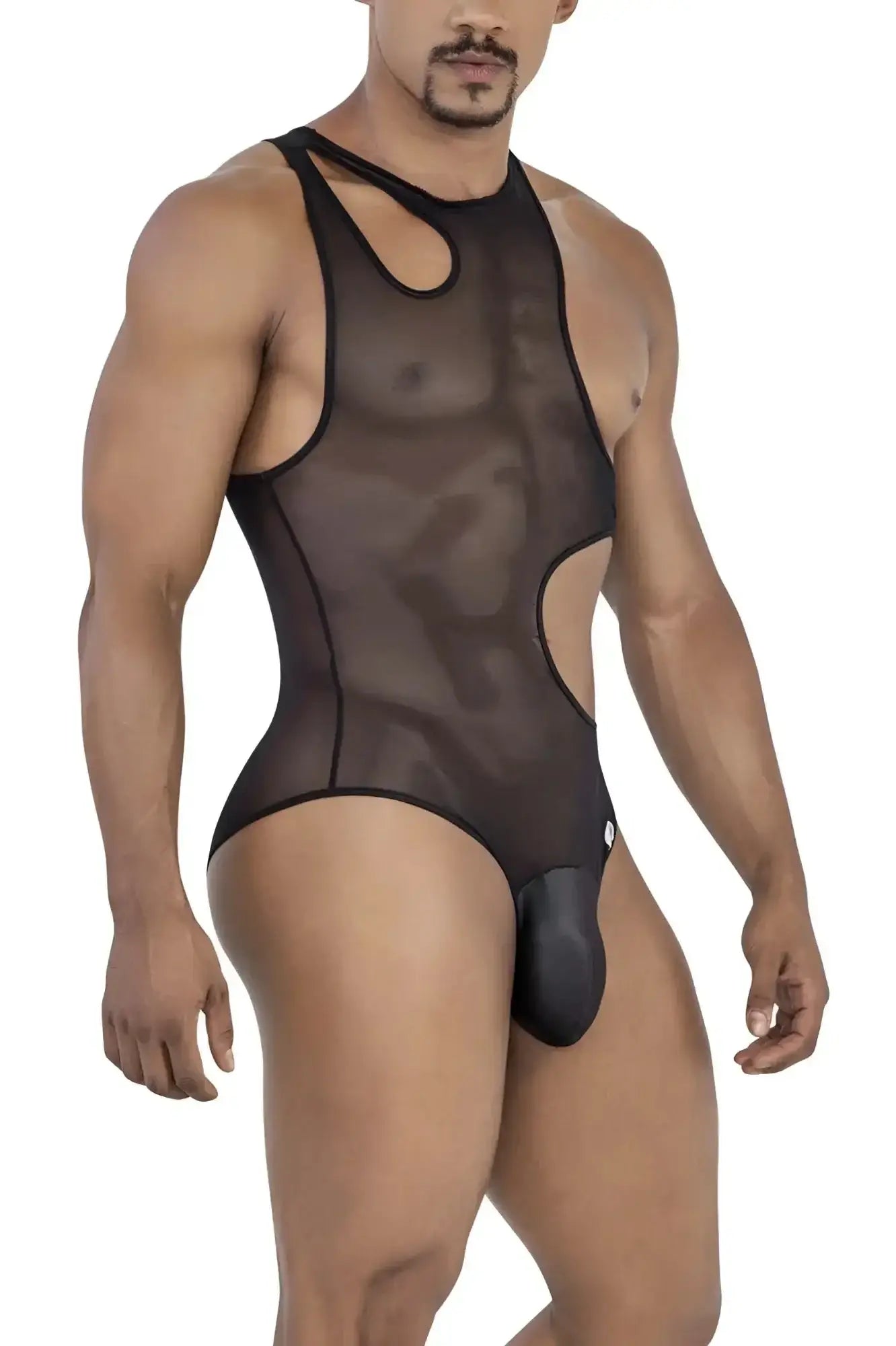 CandyMan 99788 black sheer mesh one-piece with cutout details and solid black pouch front bodysuit