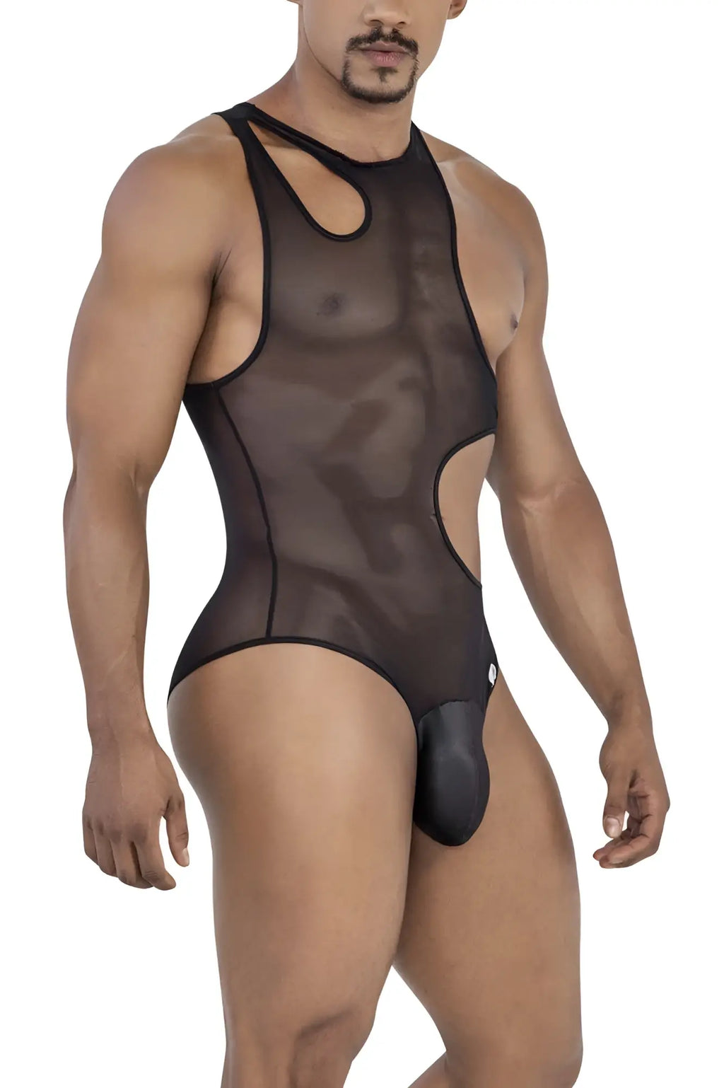 CandyMan 99788 black sheer mesh one-piece with cutout details and solid black pouch front bodysuit