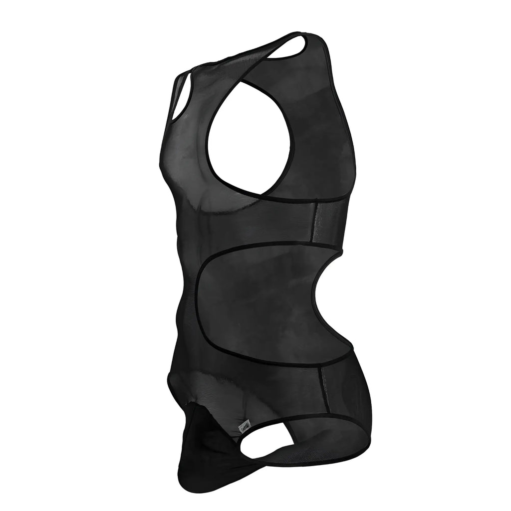 Black mesh tank top bodysuit with cut out design by candyman model 99788 in black color