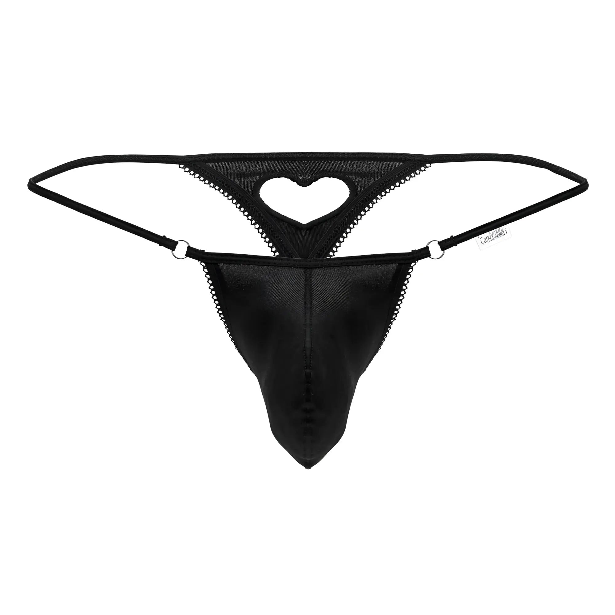 Black mesh thong candyMan 99789 with heart-shaped cutout and lace trim, front view in black color