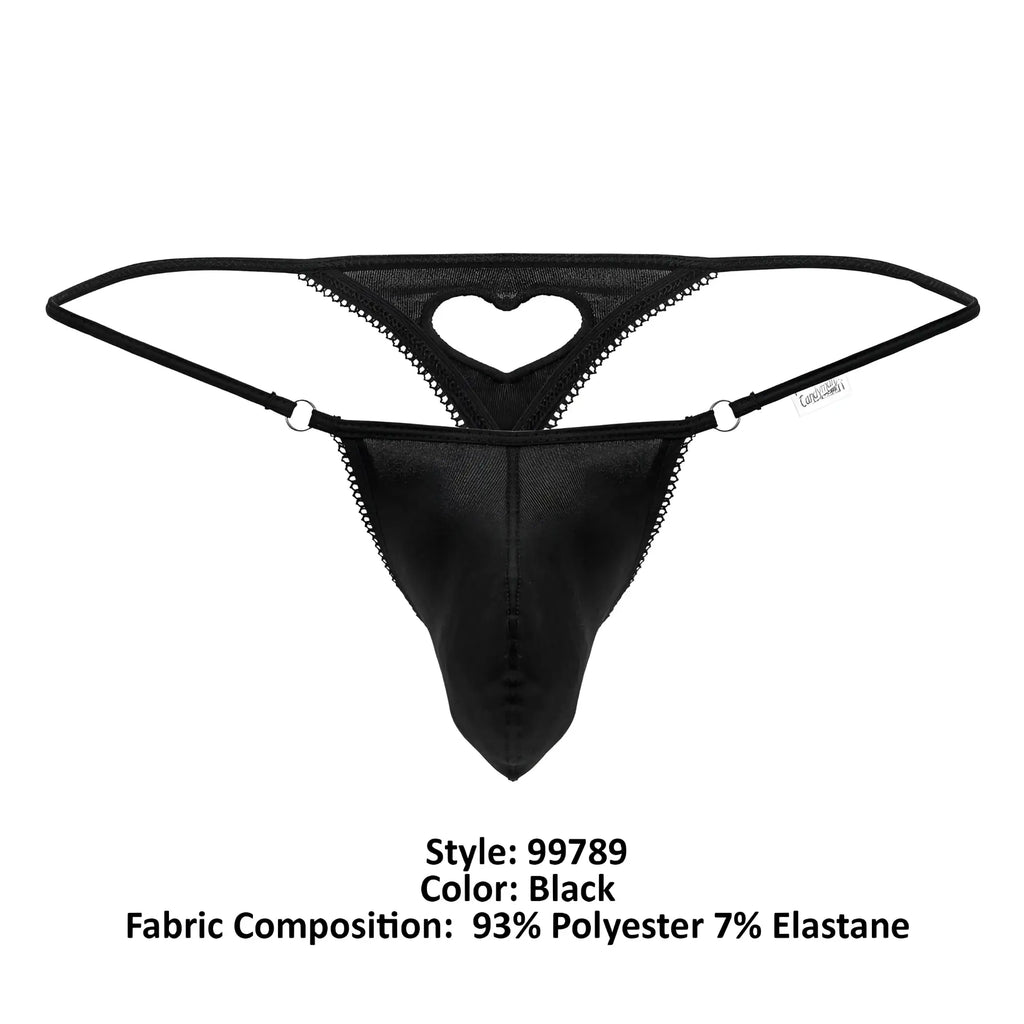 Black candyMan 99789 heart thong with lace trim and heart-shaped cutout showing the back side