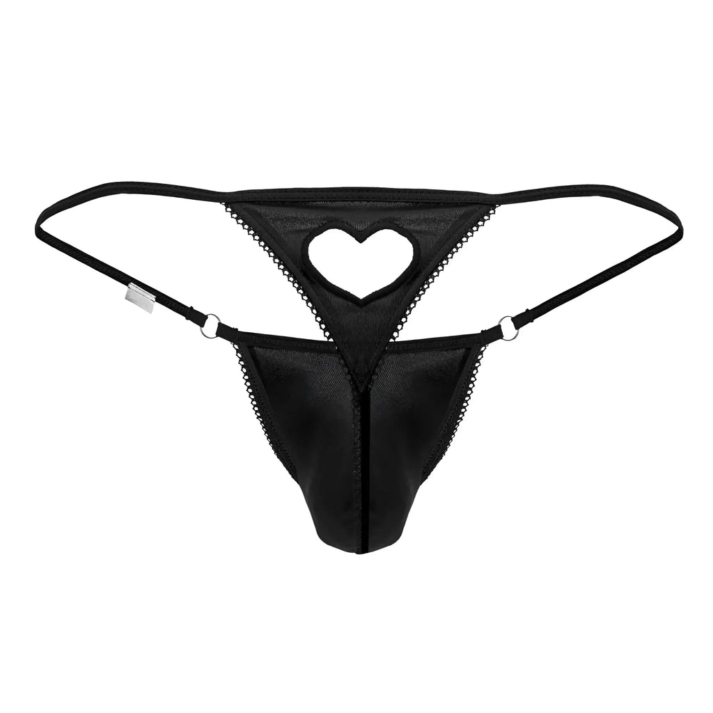 Black CandyMan 99789 heart thong with lace trim and heart-shaped cutout showing the back side of the design