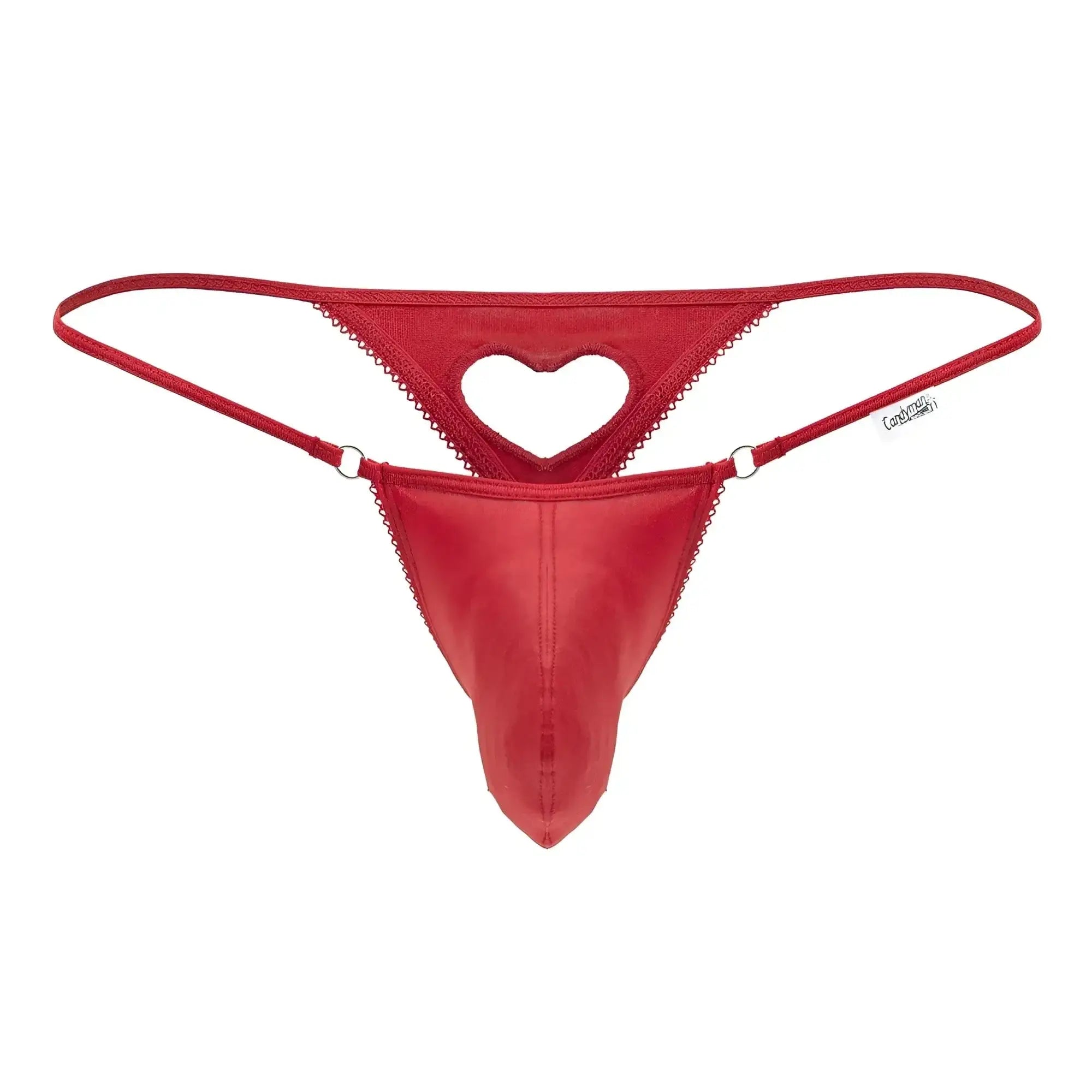 Red heart-cut thong by CandyMan made of smooth satin fabric with scalloped edges and thin adjustable straps