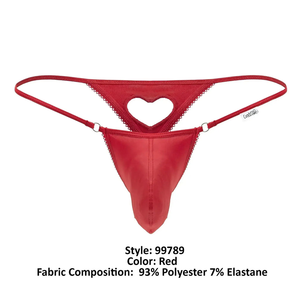 Red CandyMan 99789 heart thong with scalloped edges made from 93% polyester and 7% elastane