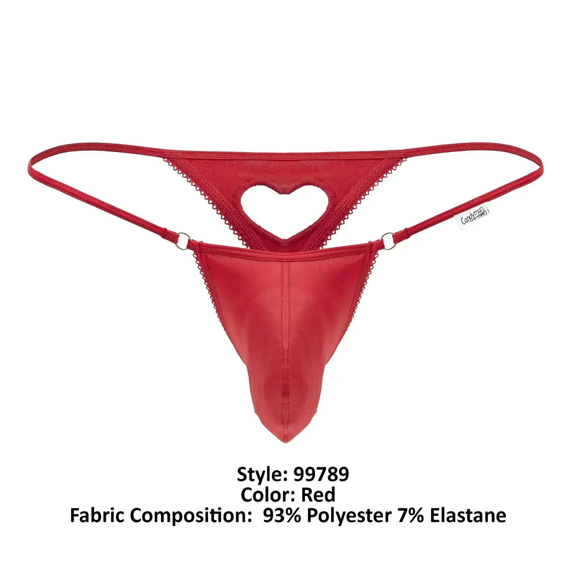 Red CandyMan 99789 heart thong with scalloped edges made from 93% polyester and 7% elastane
