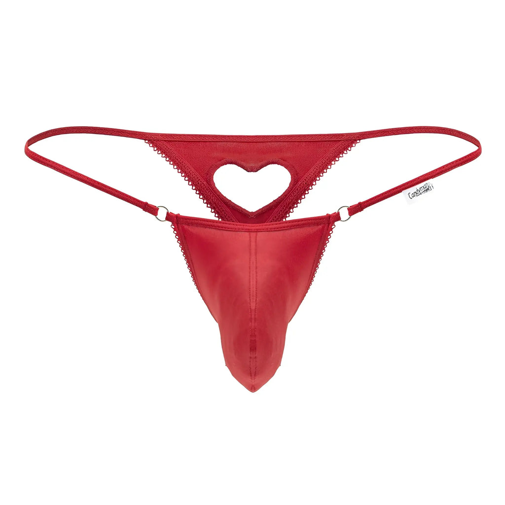Red heart-cut thong by CandyMan made of smooth satin fabric with scalloped edges and thin adjustable straps