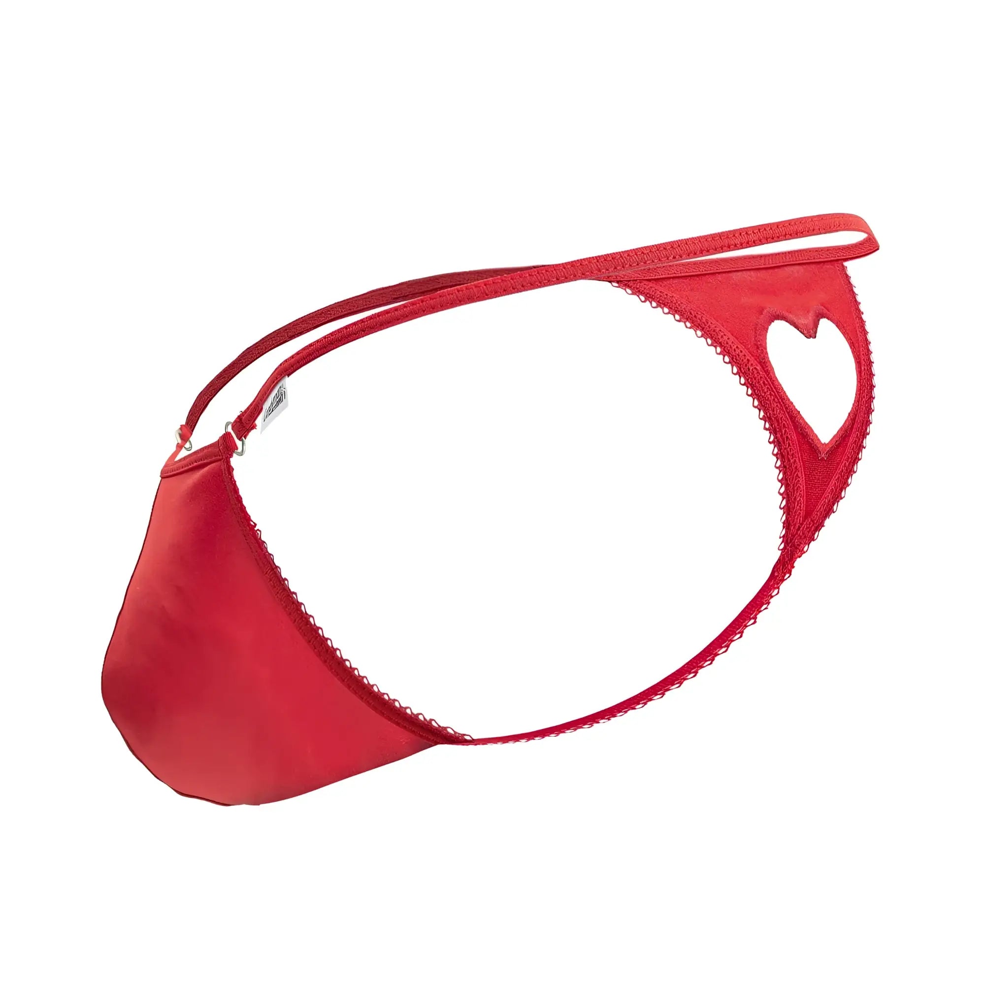 Red satin thong with heart shaped cutout and scalloped edges from candyman 99789 in red
