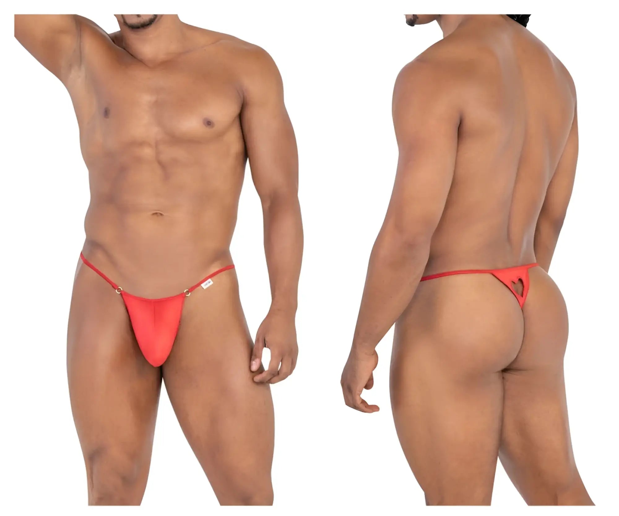 Red thong with heart-shaped cutout at back and thin adjustable straps from candyman 99789 heart thongs collection